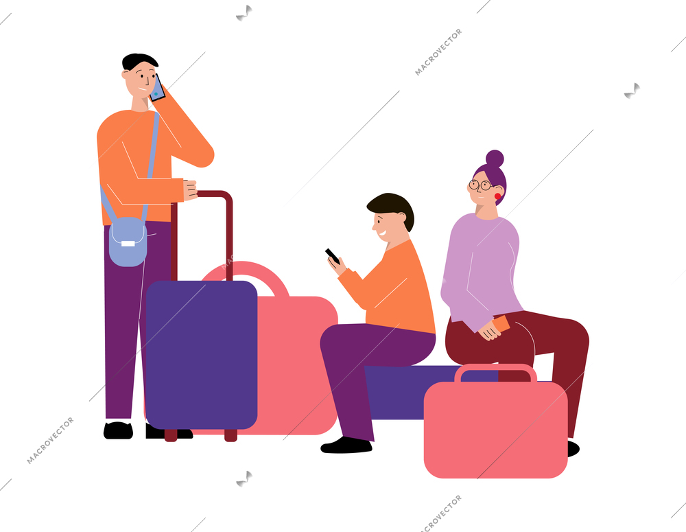 People with suitcases calling taxi after arrival flat vector illustration