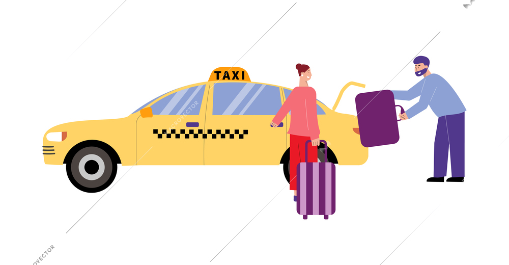 People loading luggage in taxi flat vector illustration