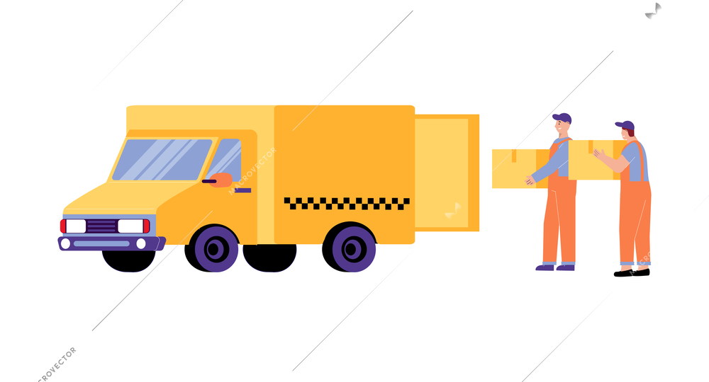 Two workers loading boxes into yellow taxi van flat vector illustration