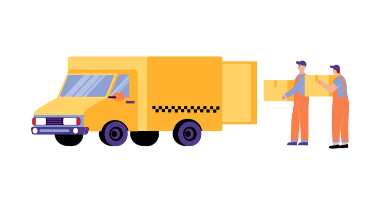 Two workers loading boxes into yellow taxi van flat vector illustration