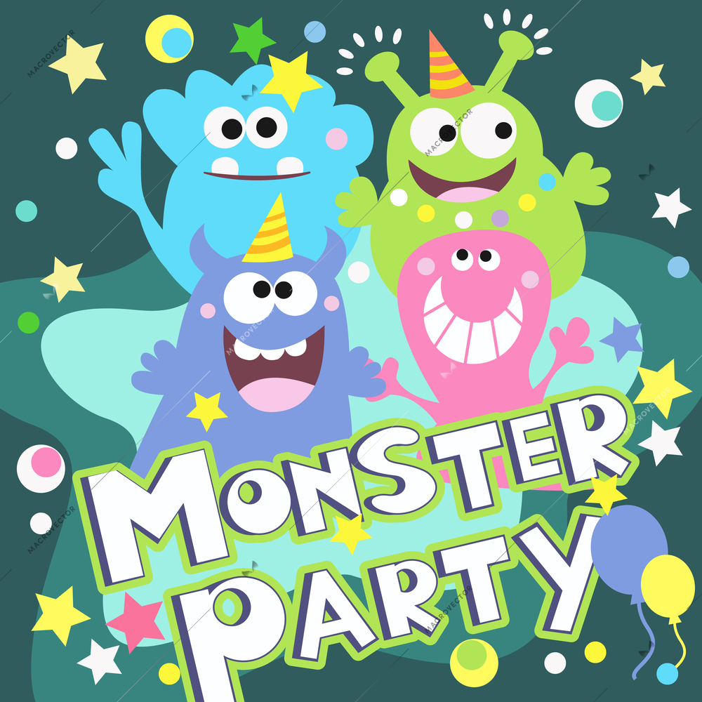 Cheerful monster party poster vector illustration design