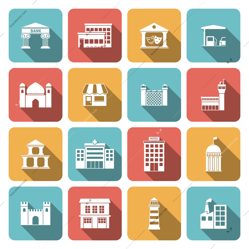 Government building icons set of shop castle lighthouse isolated vector illustration