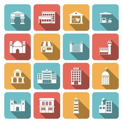 Government building icons set of shop castle lighthouse isolated vector illustration