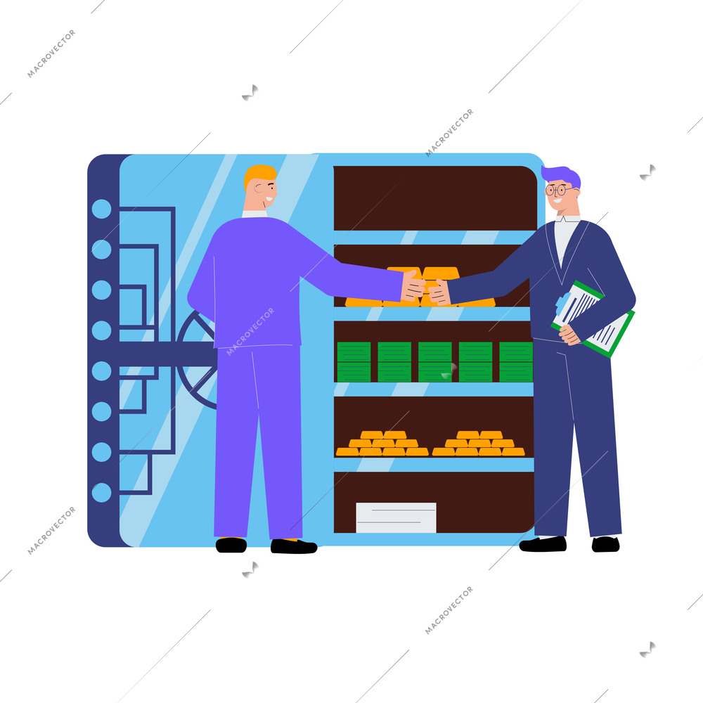 Two human characters at bank vault flat vector illustration