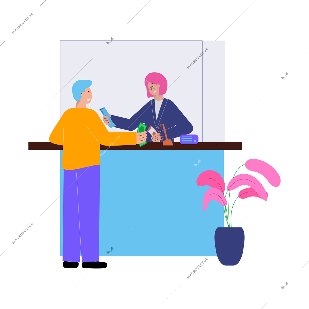 Flat design composition with bank manager talking to client vector illustration
