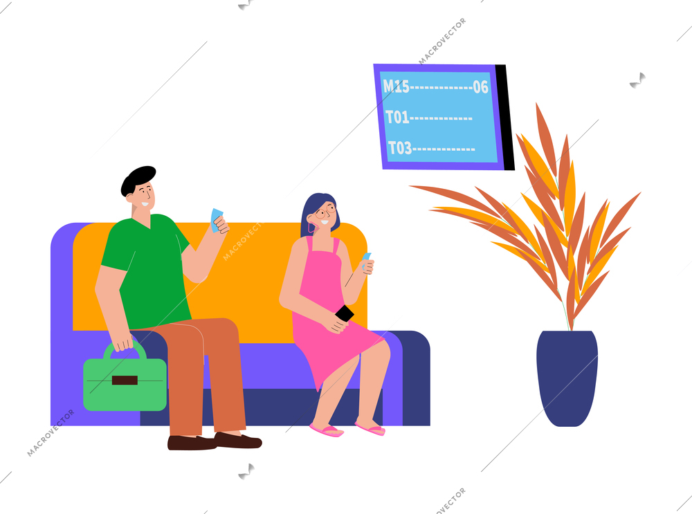 Smiling bank clients sitting on sofa and waiting for their turn flat vector illustration