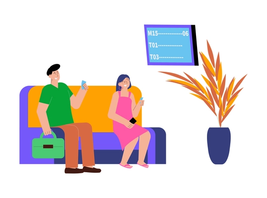 Smiling bank clients sitting on sofa and waiting for their turn flat vector illustration