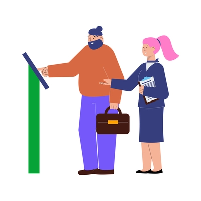 Bank employee helping client to use terminal flat vector illustration