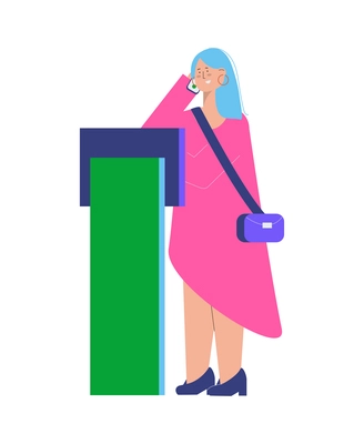 Woman standing near bank terminal flat vector illustration