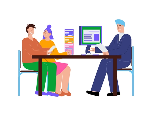 Couple of people talking to bank manager at office flat vector illustration