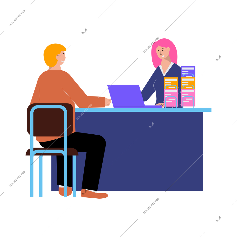 Person consulting with bank employee flat vector illustration