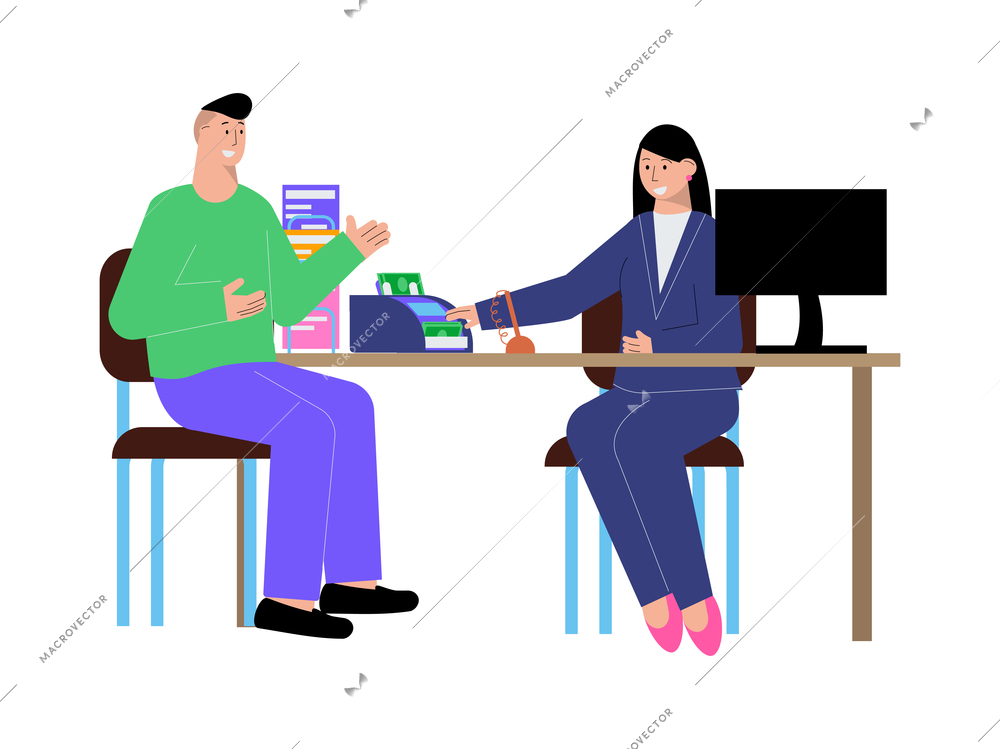 Male client talking to manager at bank office flat vector illustration