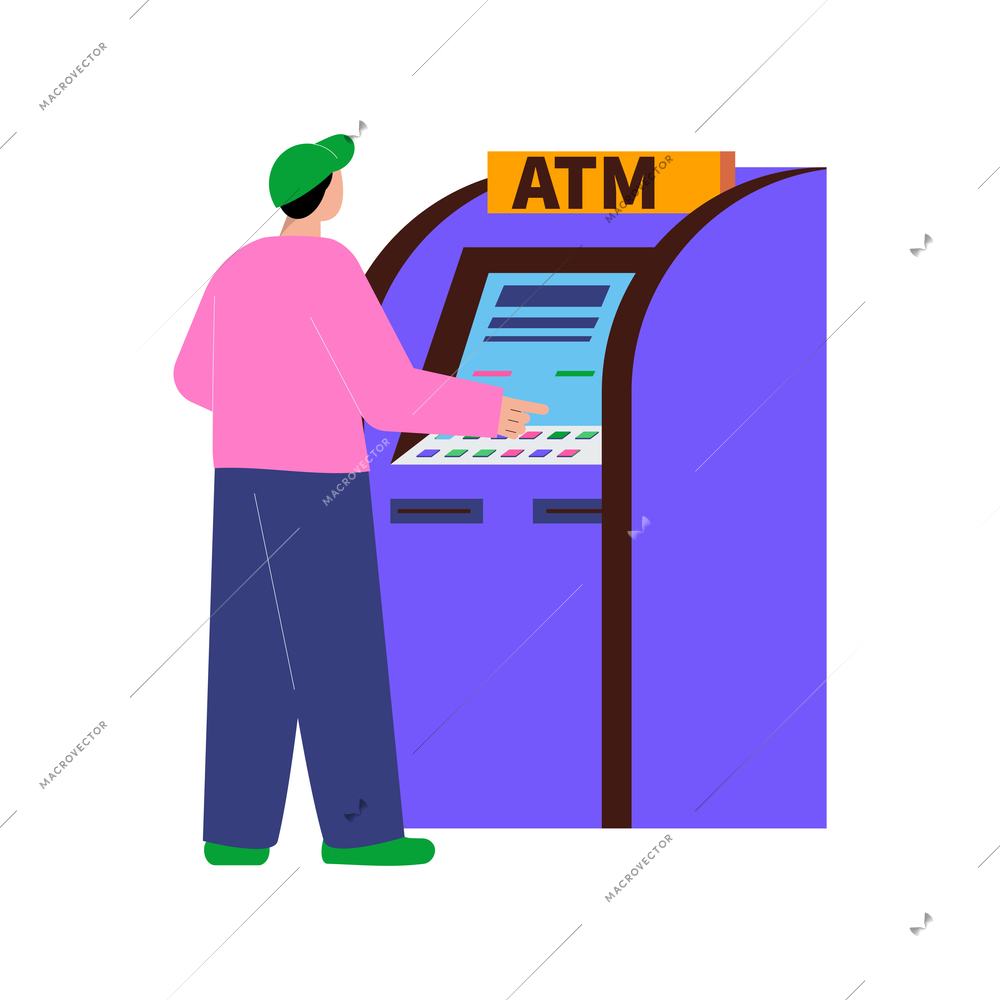 Man using bank atm flat design icon on white background vector illustration