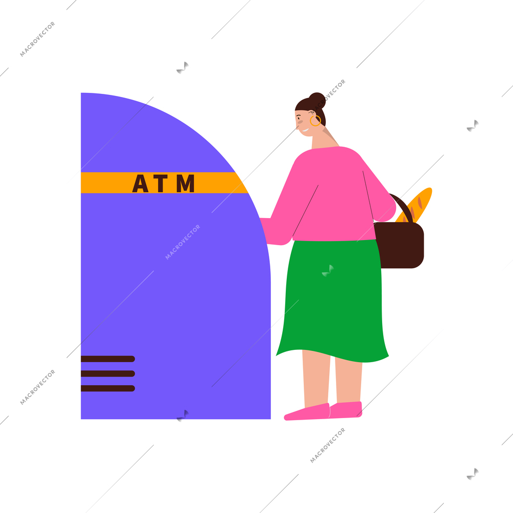 Female bank client using atm flat vector illustration