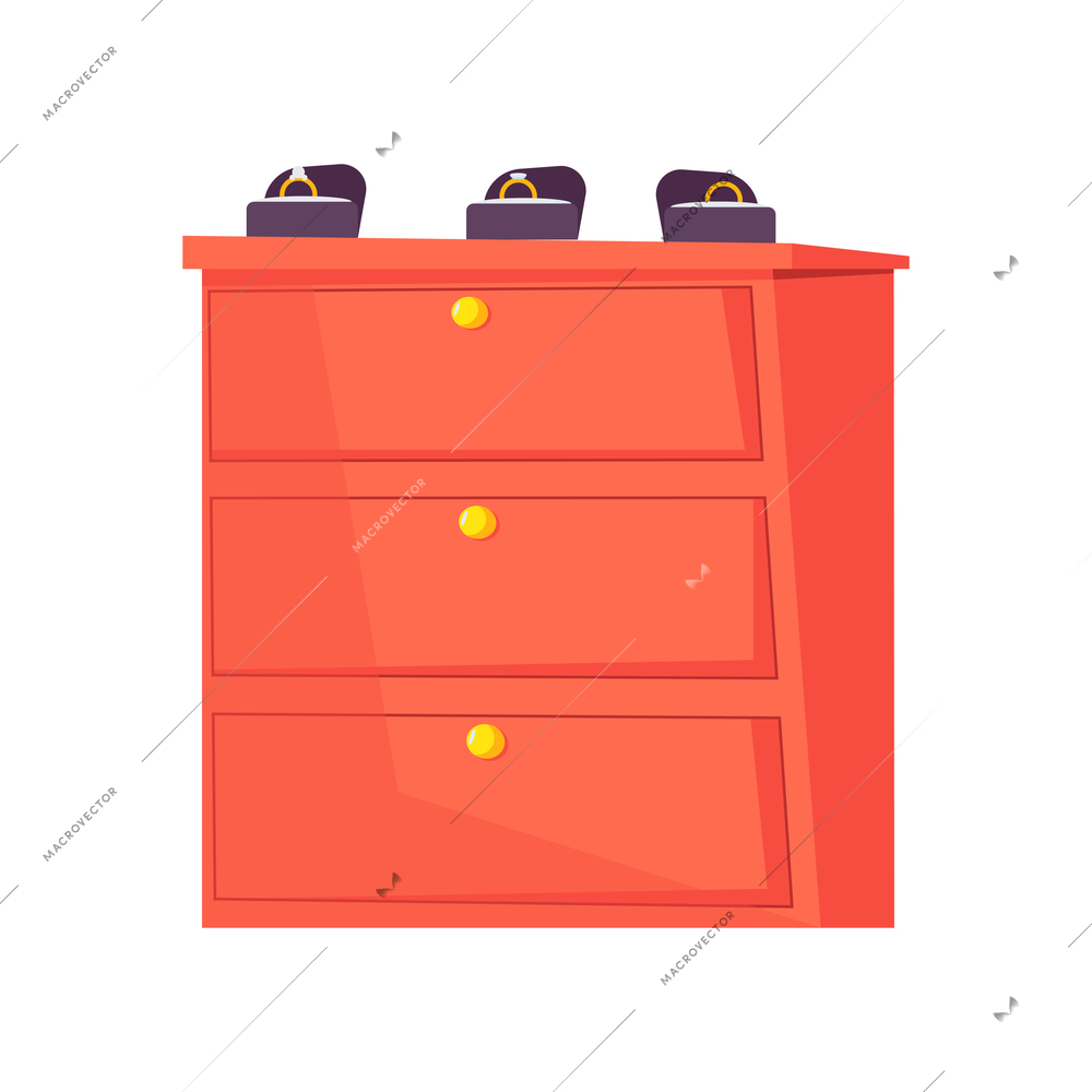 Three boxes with golden rings on cupboard flat vector illustration