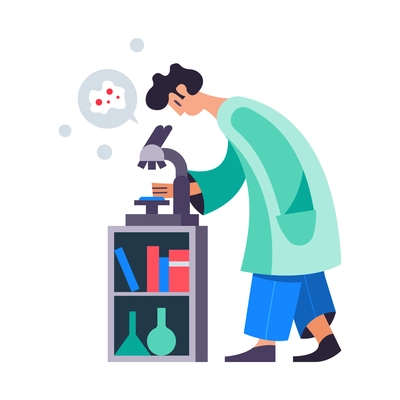 Flat concept with scientist examining through microscope in chemistry laboratory vector illustration