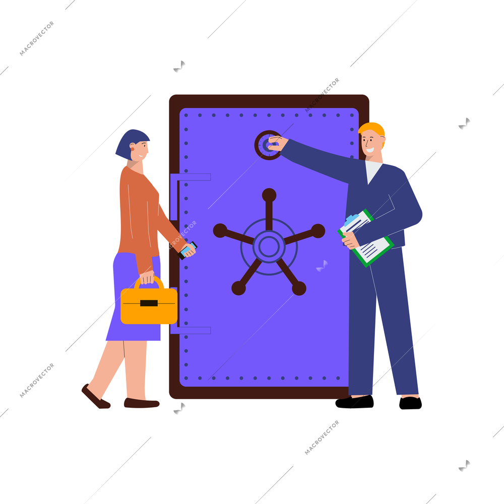 Bank employee opening vault door flat vector illustration