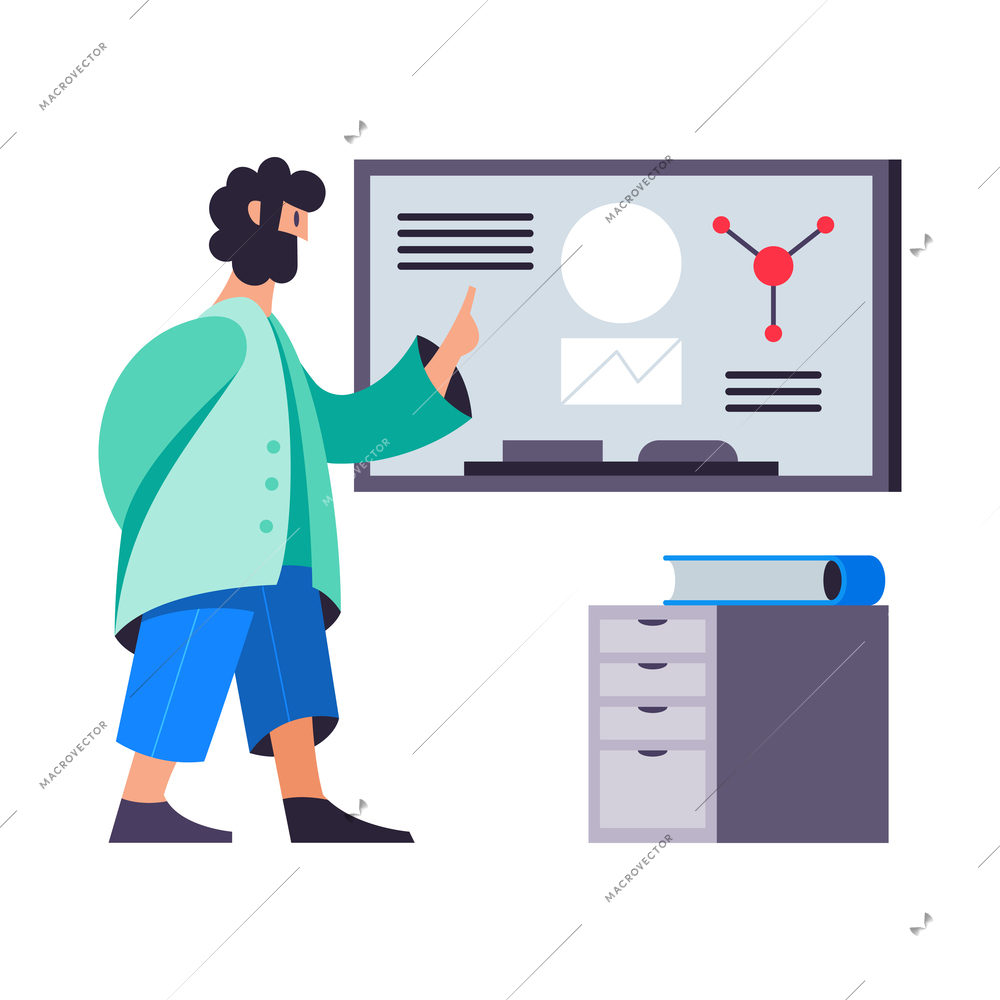 Flat science laboratory interior and male scientist on white background vector illustration