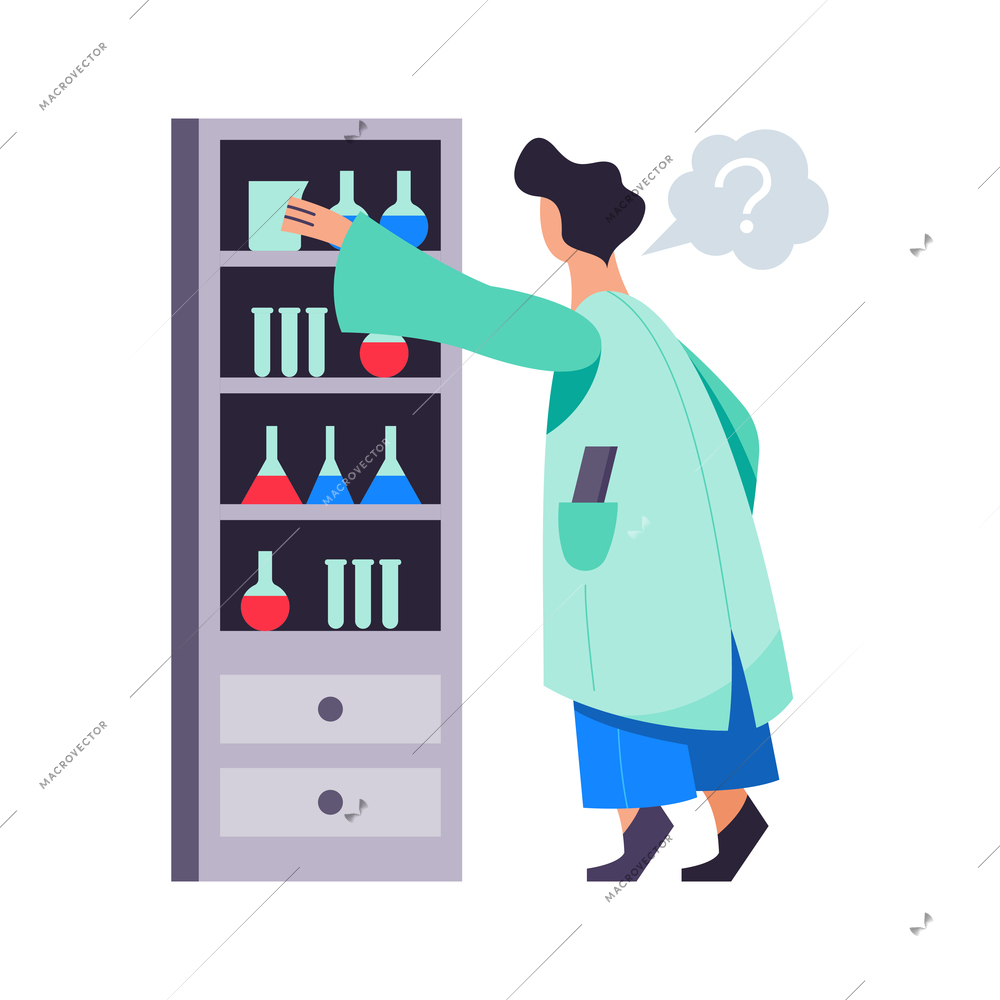 Scientist character and stand with chemicals at laboratory flat vector illustration