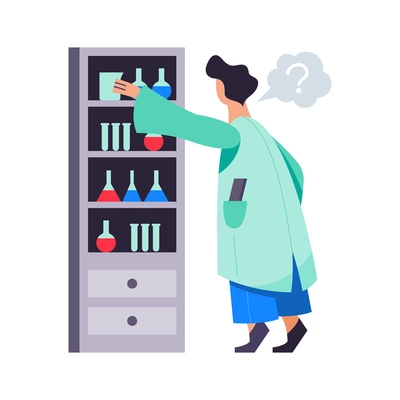 Scientist character and stand with chemicals at laboratory flat vector illustration