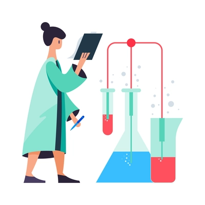 Flat laboratory concept with reseacher and chemical agents in tubes vector illustration