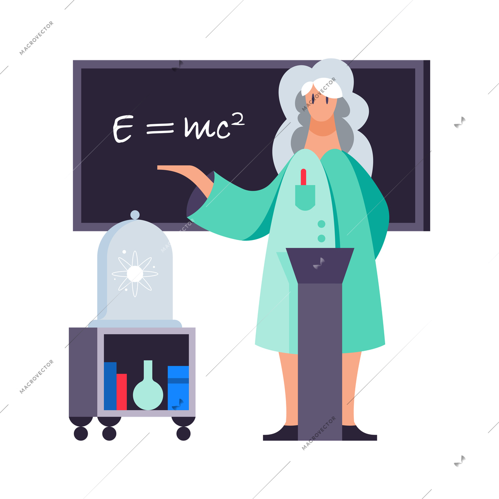 Professor with black board on background and laboratory equipment flat vector illustration