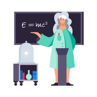 Professor with black board on background and laboratory equipment flat vector illustration