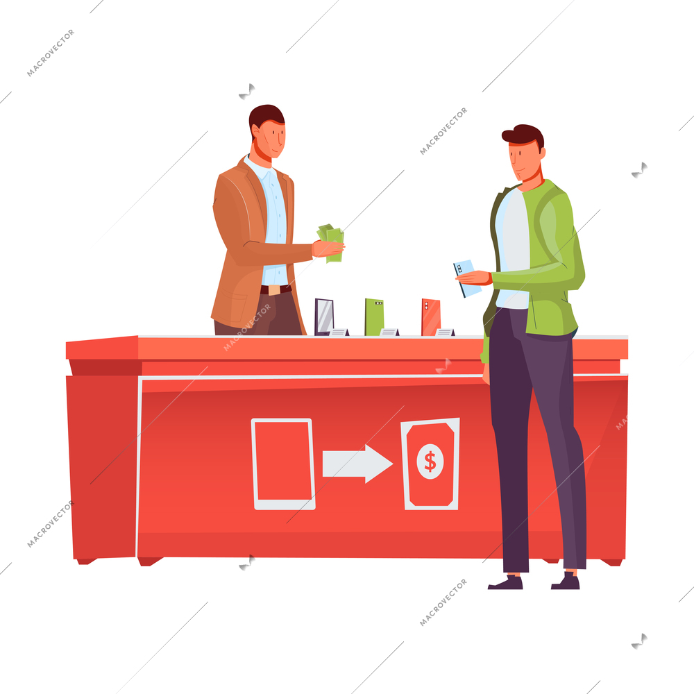 Man buying mobile phone at pawnshop flat vector illustration