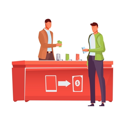 Man buying mobile phone at pawnshop flat vector illustration