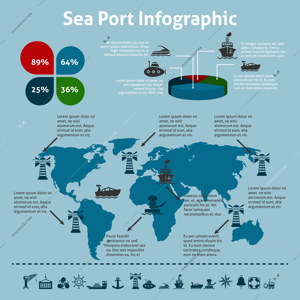 Sea port nautical journey transportation infographic set with world map and charts vector illustration