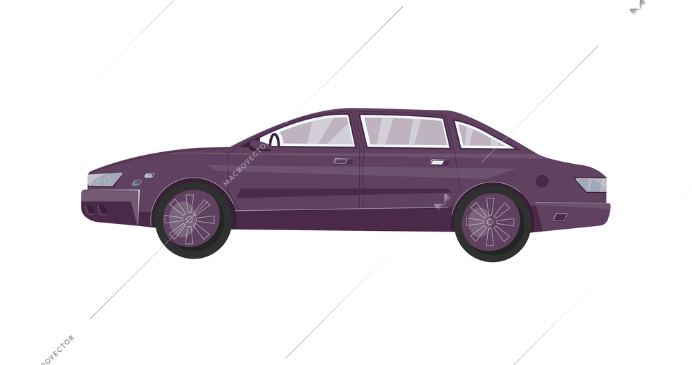 Dark sedan passenger car side view on white background flat vector illustration