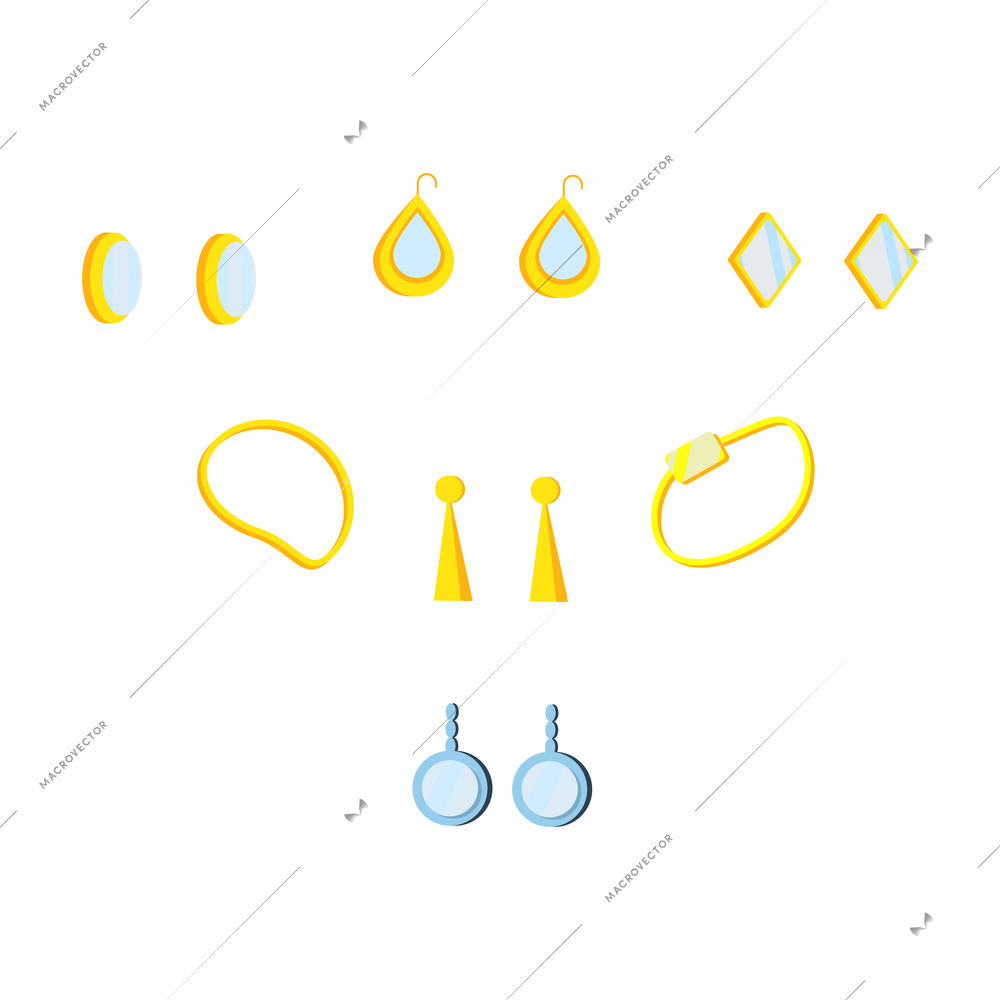 Flat set of jewelry icons with bracelet earring ring isolated vector illustration