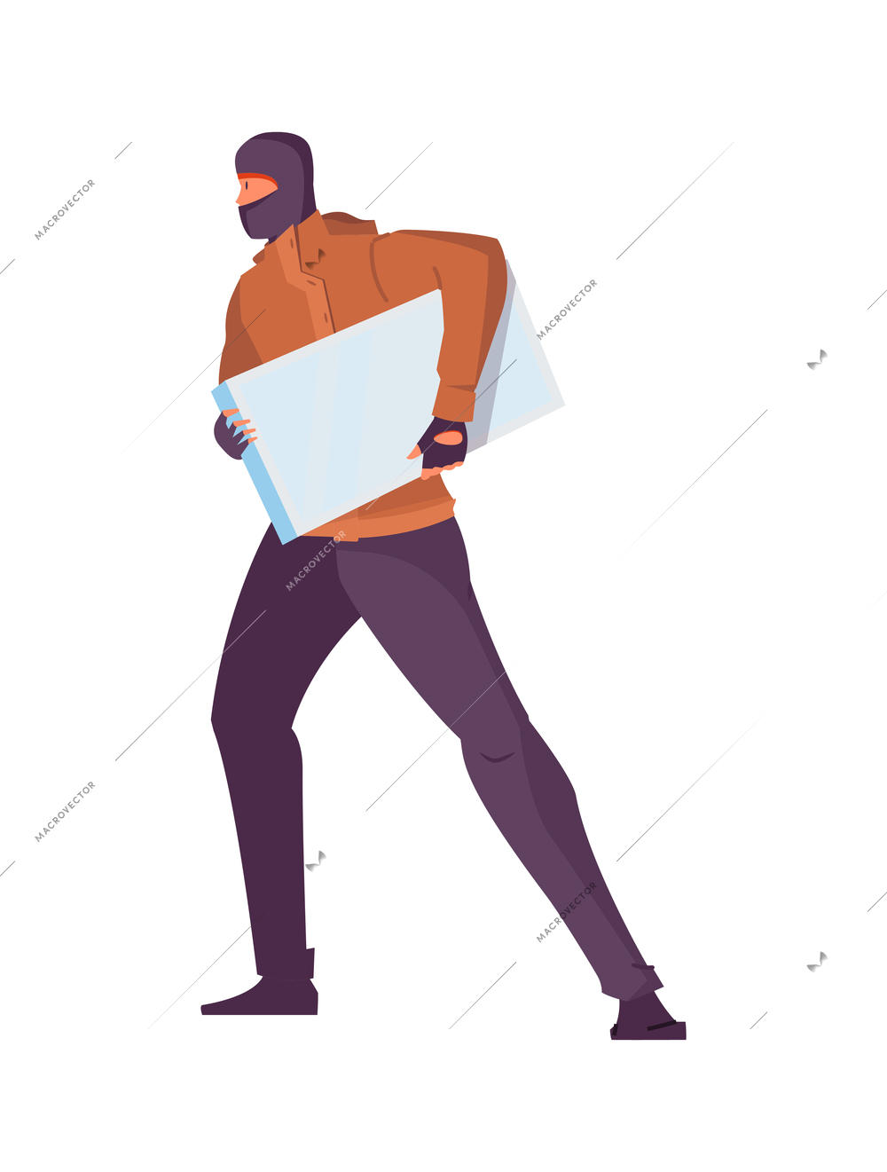 Thief in black mask holding white object flat vector illustration