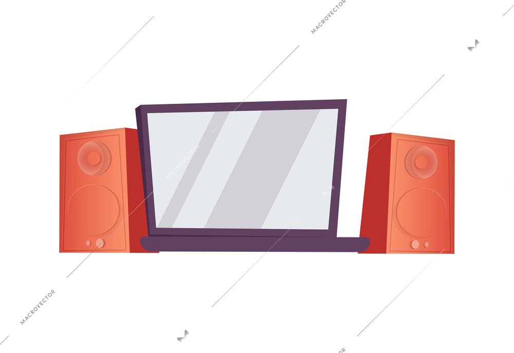 Flat design computer monitor and two big speakers vector illustration