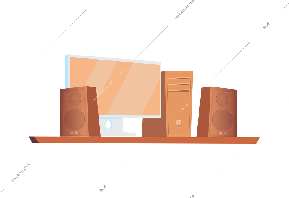 Computer flat icon with system unit speakers and monitor vector illustration