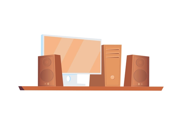 Computer flat icon with system unit speakers and monitor vector illustration