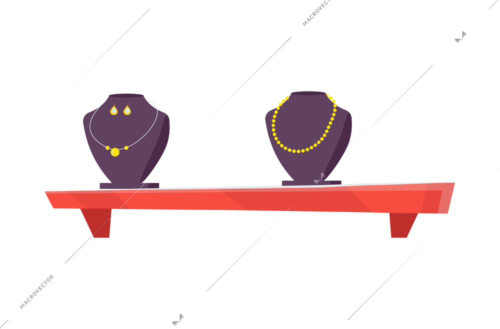 Stands with jewelry on shelf at shop flat vector illustration