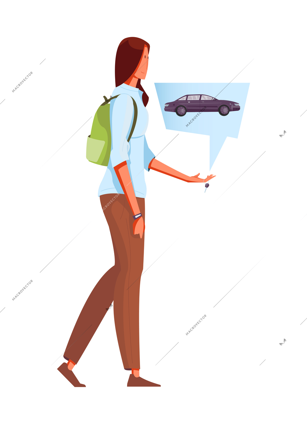 Woman holding new car key in hand flat concept on white background vector illustration