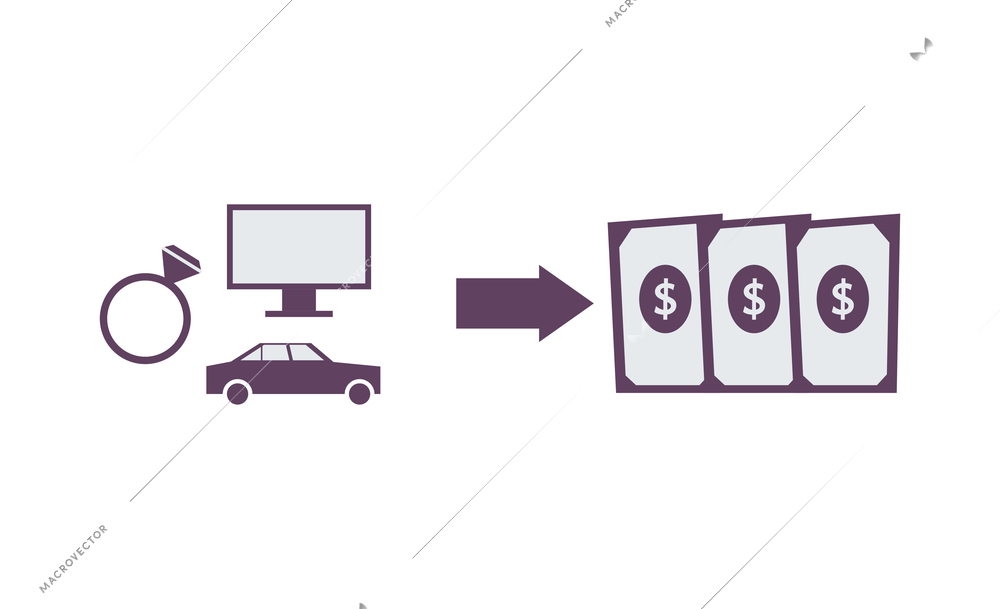 Flat pawnshop concept with ring car tv and money isolated on white background vector illustration