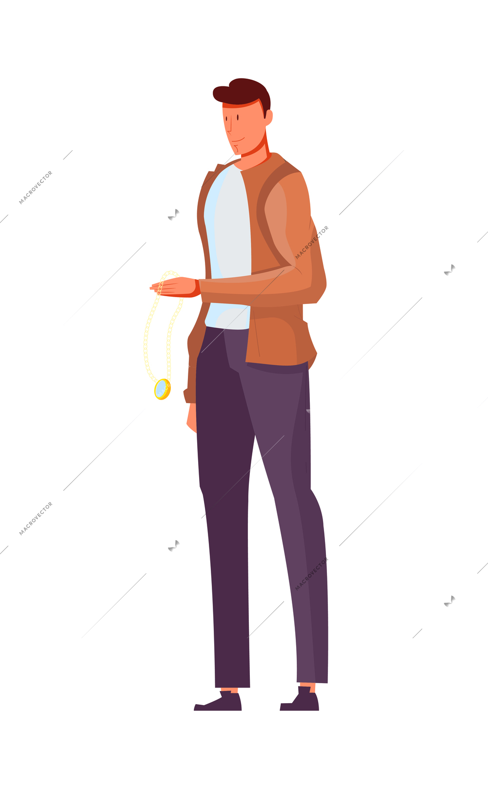 Male human character holding watch on chain flat vector illustration