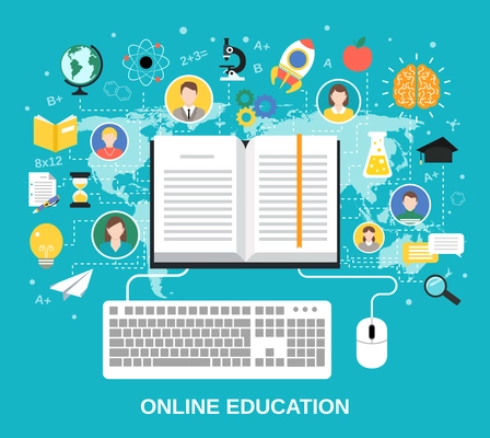 Online education e-learning science concept with book computer and studying icons vector illustration