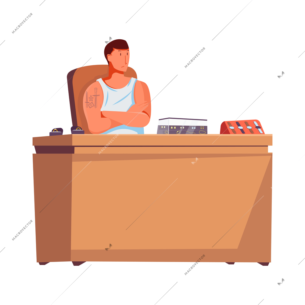 Flat design icon with pawnbroker at his work place vector illustration