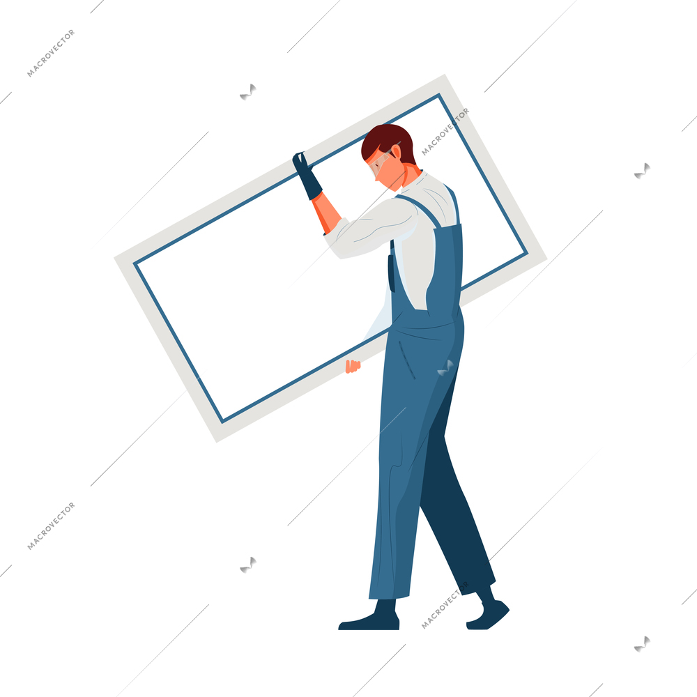 Flat design icon with male worker in uniform carrying plastic window vector illustration