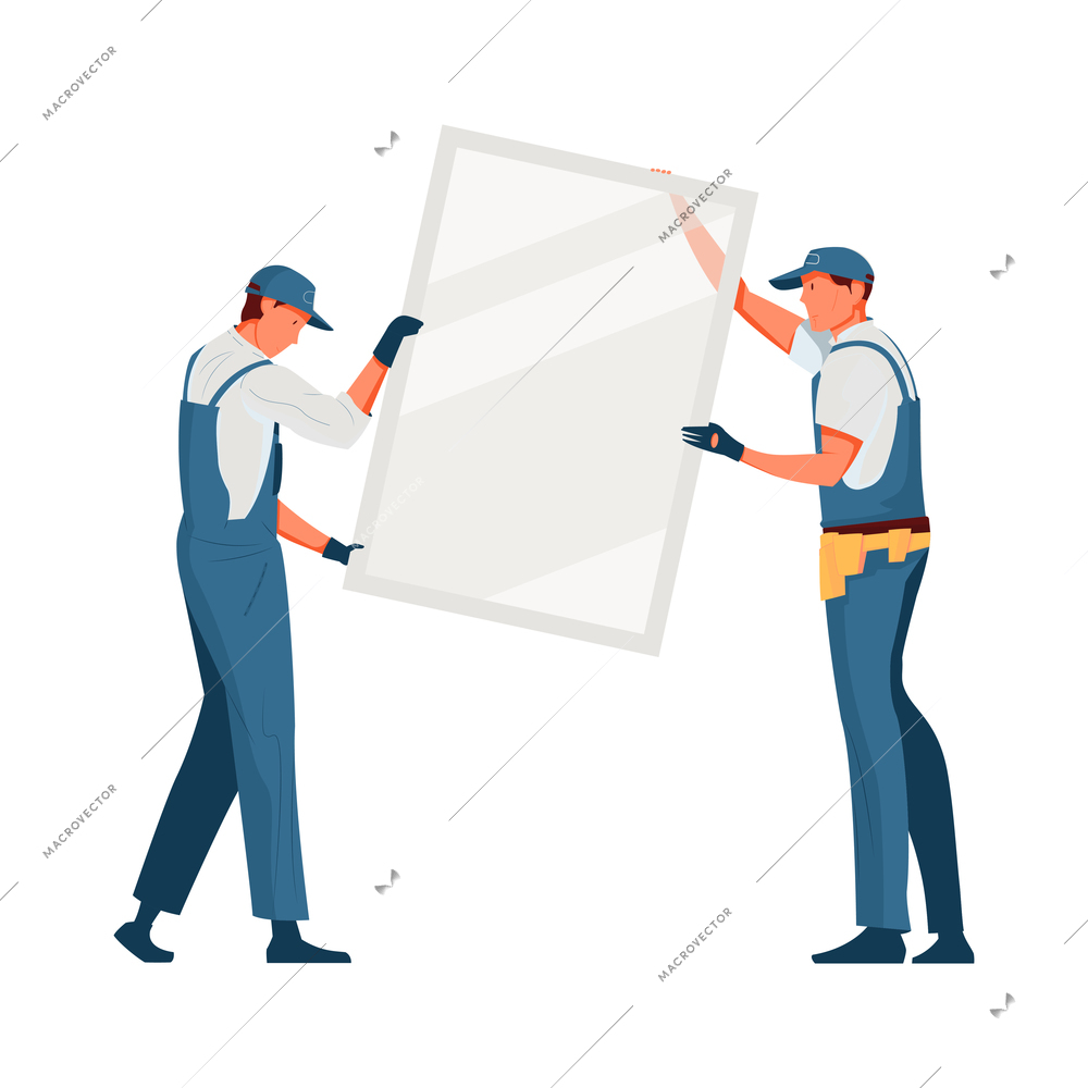 Two fitters installing plastic window flat vector illustration