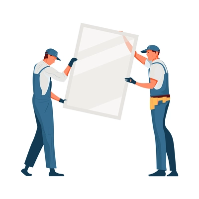 Two fitters installing plastic window flat vector illustration