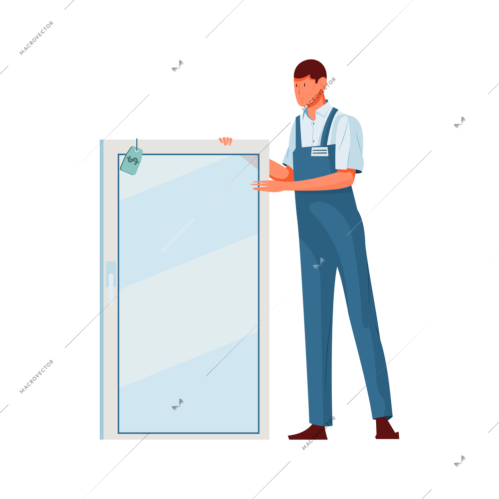 Worker in uniform and plastic window flat vector illustration