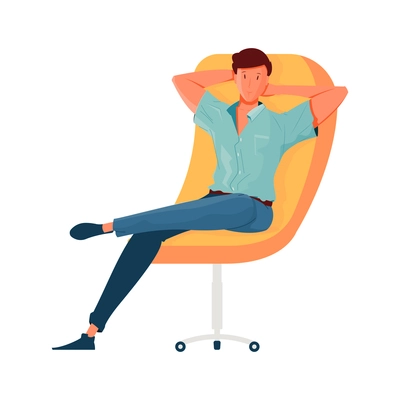 Relaxed man sitting on comfortable yellow castor chair flat vector illustration