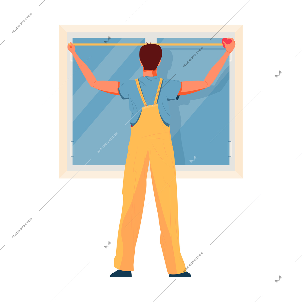 Worker installing plastic windows flat vector illustration