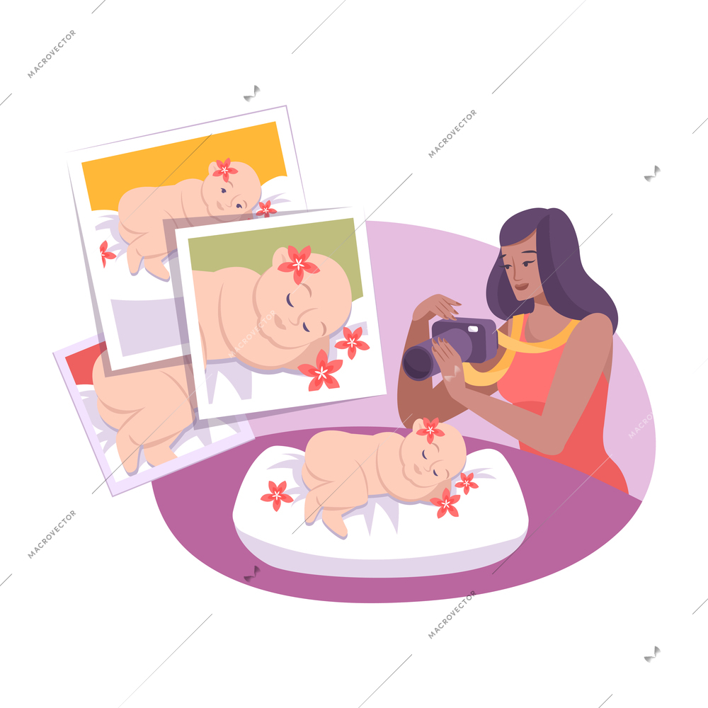 Flat photography composition with woman taking photos of newborn baby vector illustration