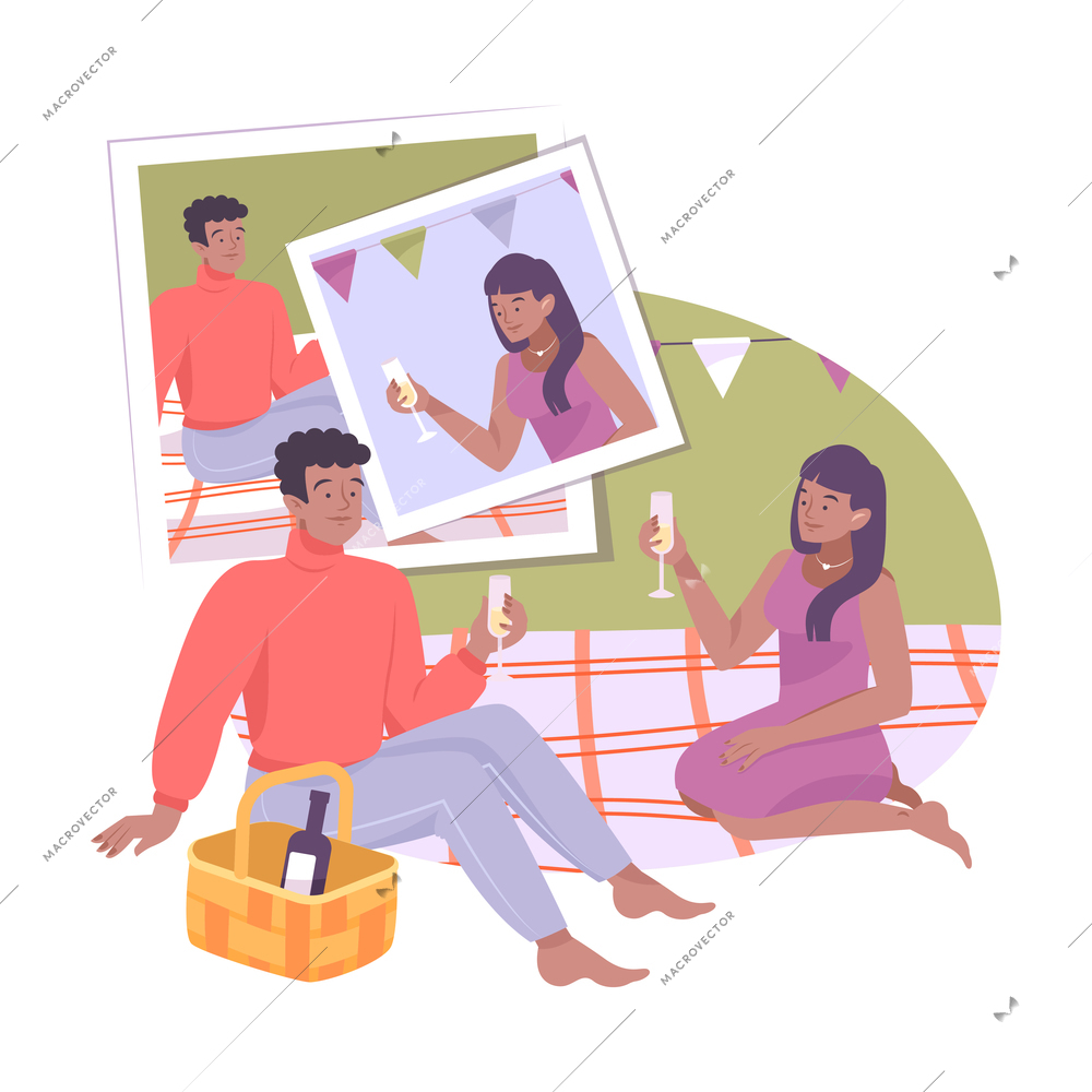 Flat design photography composition with people having romantic picnic vector illustration